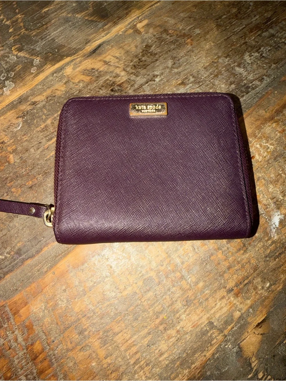 kate spade plum saffiano zip wallet with wristlet
